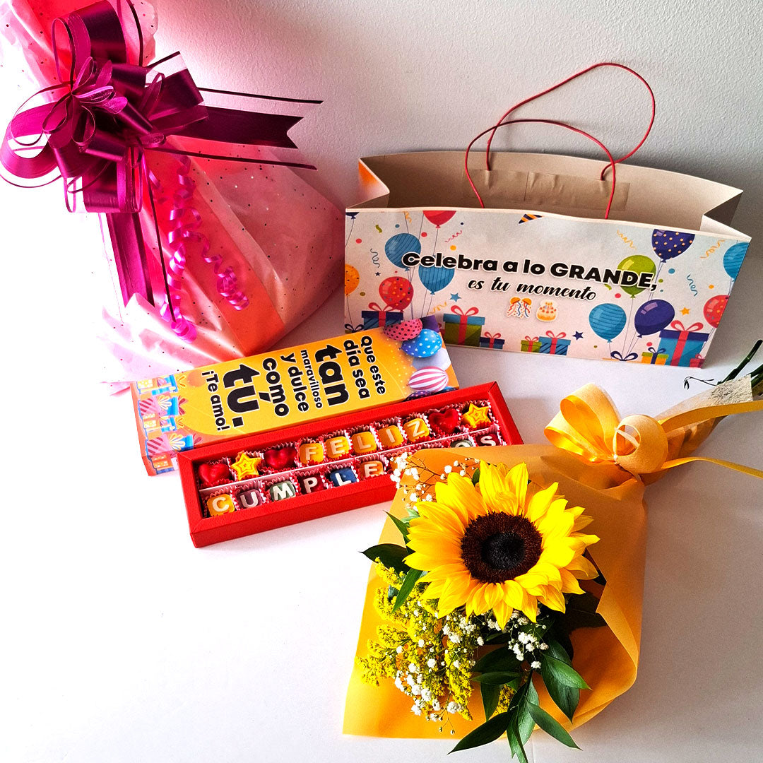 🌻🌹🍫 1 Girasol + Frase de chocolate + Stitch Rosa 20 cm