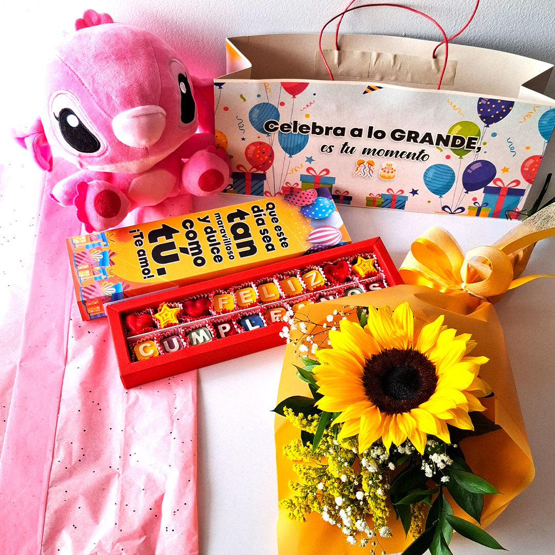 🌻🌹🍫 1 Girasol + Frase de chocolate + Stitch Rosa 20 cm