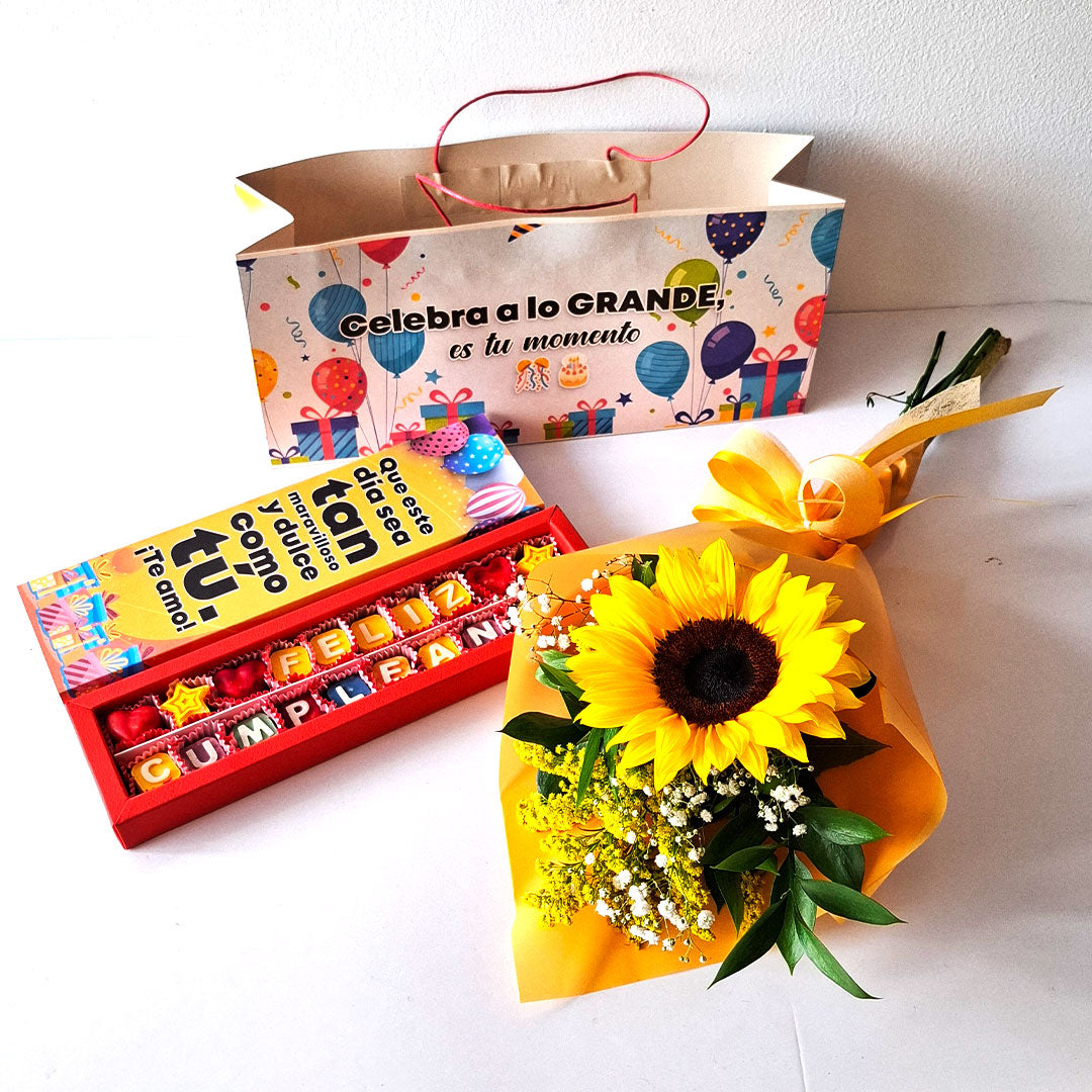 🌻🌹🍫 1 Girasol + Frase de chocolate